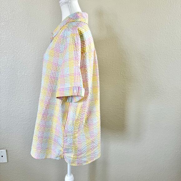 American Sweetheart Shirt Womens XL White Pastel Plaid Easter Seersucker Button - Picture 10 of 14